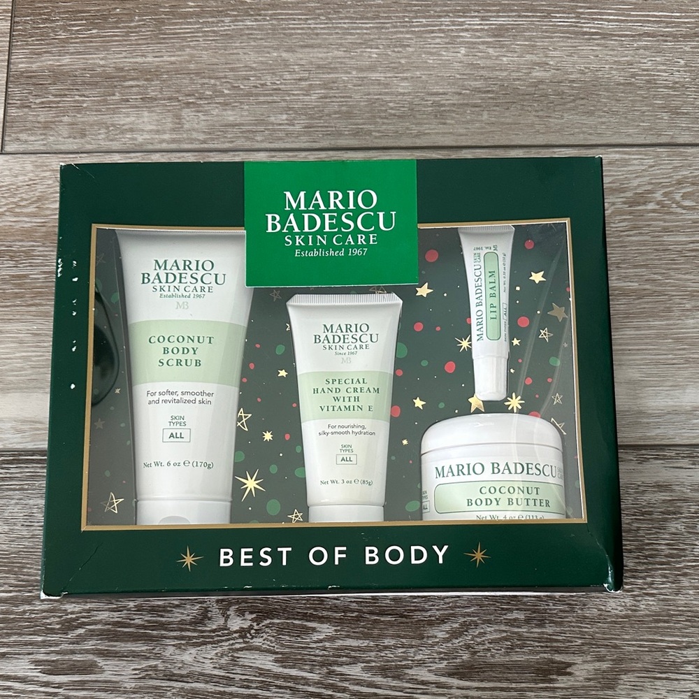 NIB MARIO BADESCU SKIN CARE SET BEST OF BODY SCRUB CREAM LIP BALM ETC